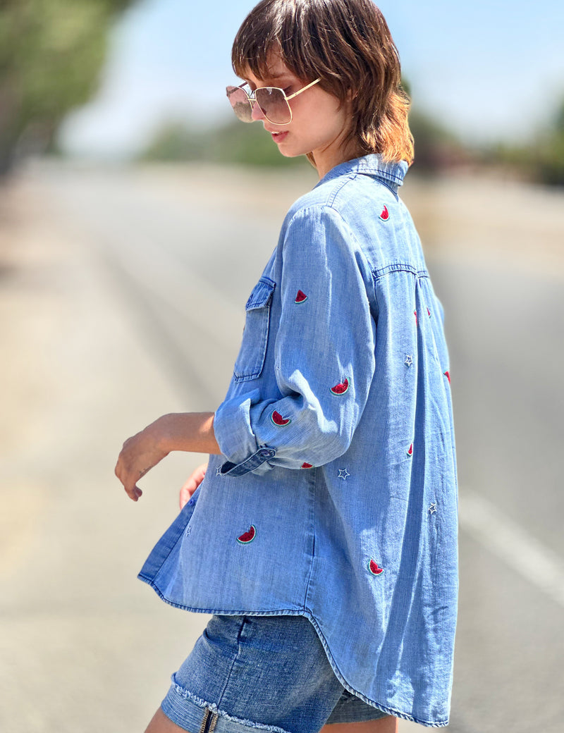 Cool Melon Embroidery Button Front Shirt Side View