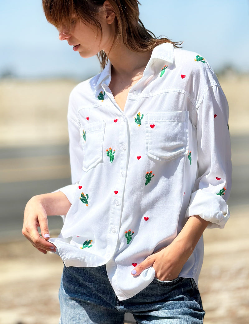 Cactus Party Embroidery Button Up Shirt Front View Close Up