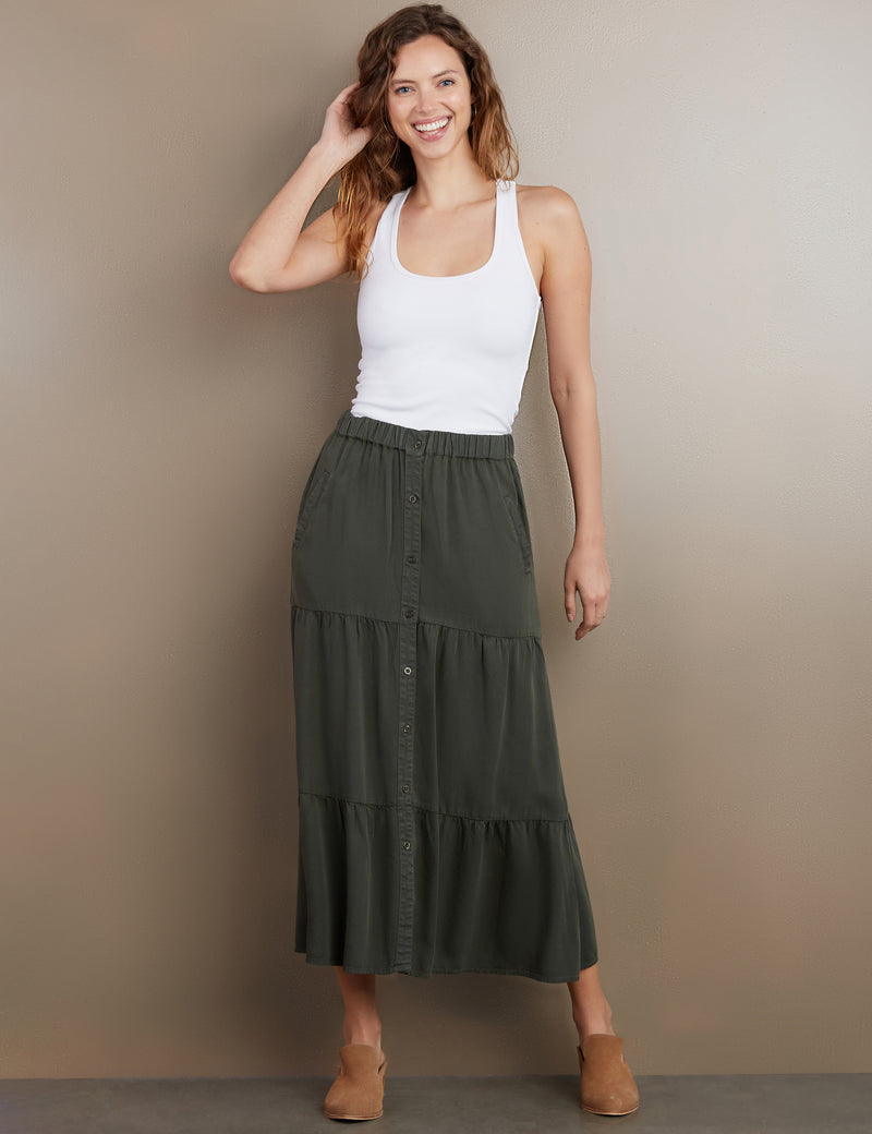 Women's Designer Tiered Button Front Maxi Skirt in Camp Green