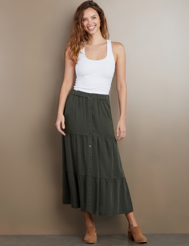 Women's Designer Tiered Button Front Maxi Skirt in Camp Green