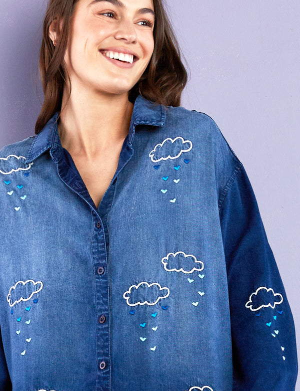 Love Clouds Embroidered Shirt Close Up View