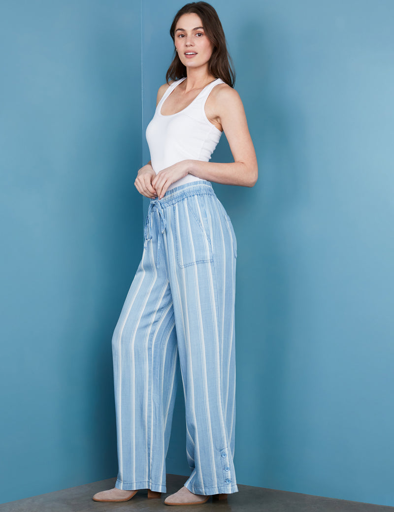 Women's Designer White Striped Soft Denim Wide Leg Pants