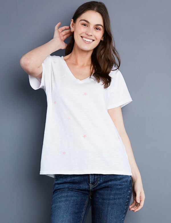 Women's Designer White V-Neck Tee with Star Embroidery