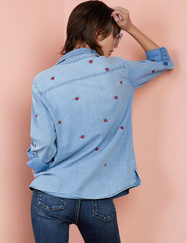 Denim Love Wing Embroidery Button Up Shirt Back View