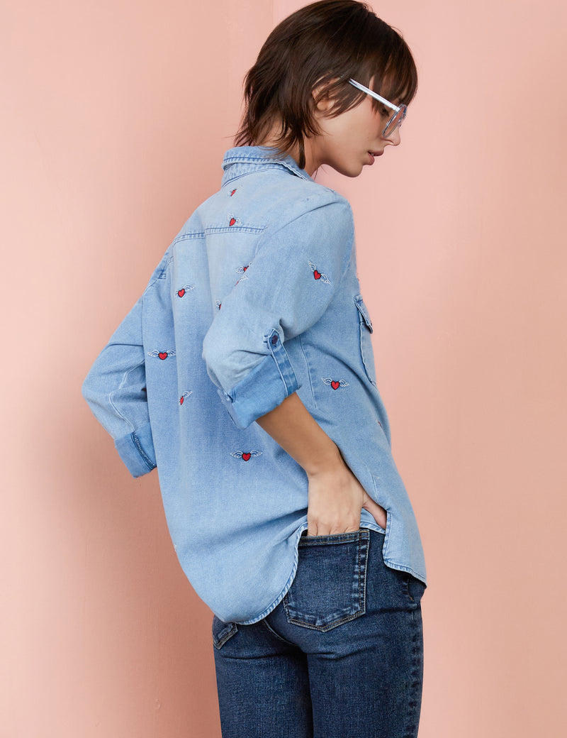 Denim Love Wing Embroidery Button Up Shirt Side View