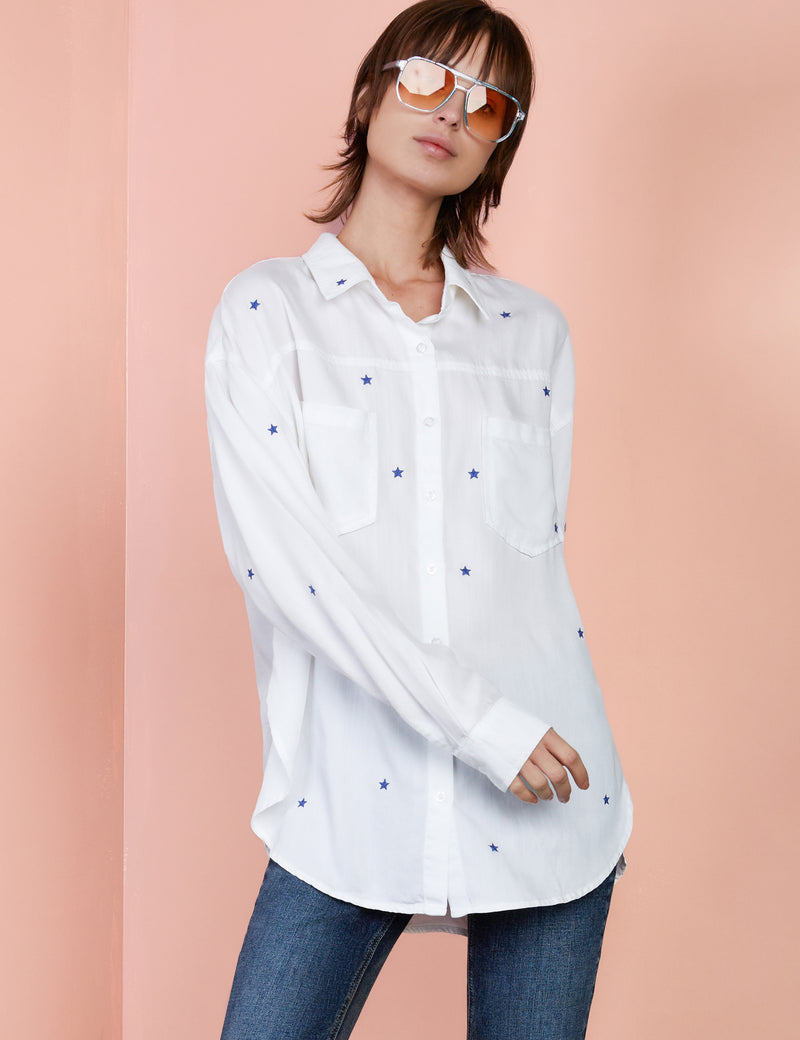 VIP Star Embroidery Button Up Shirt in White Front View