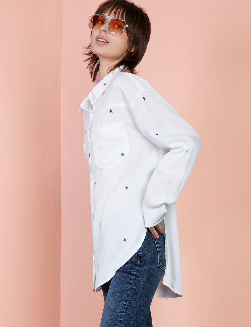 VIP Star Embroidery Button Up Shirt in White Side View