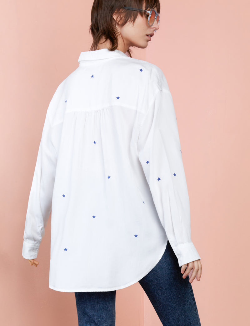 VIP Star Embroidery Button Up Shirt in White Back View