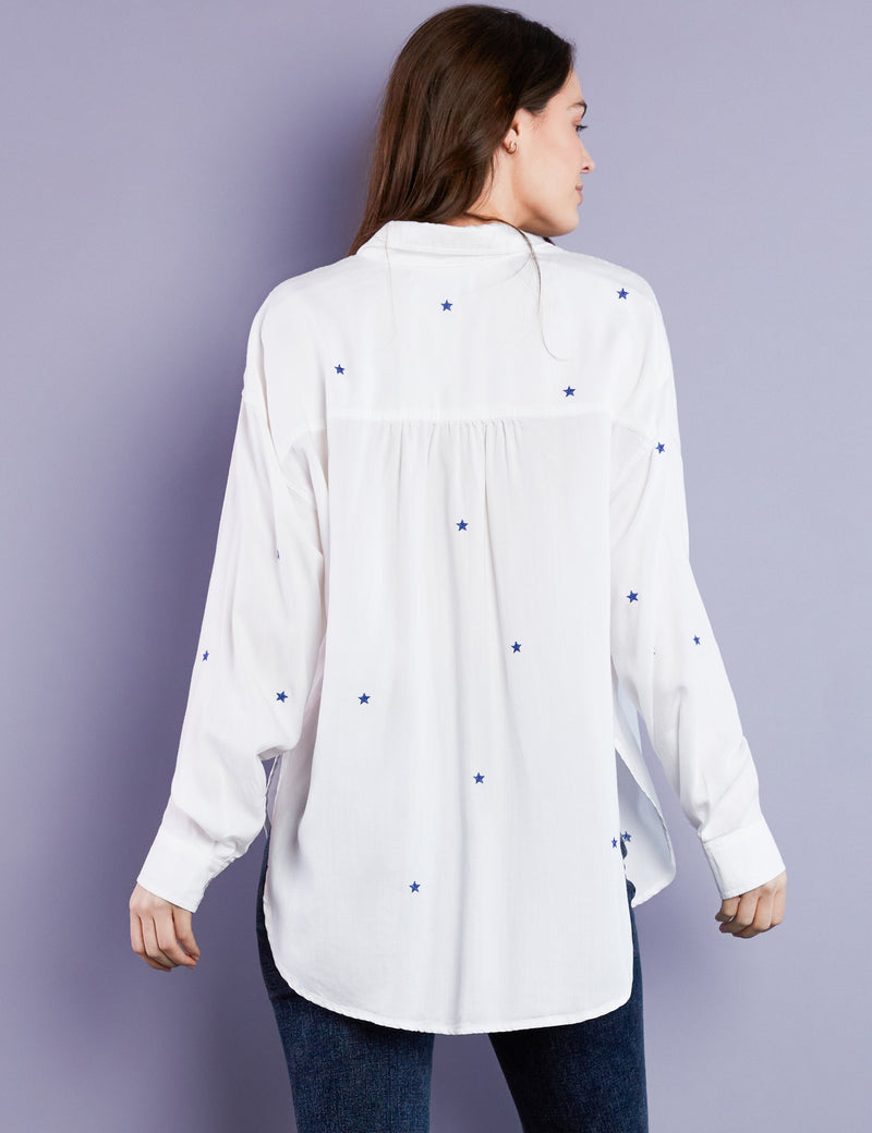 Women's Designer White Button Down Shirt with Blue Star Embroidery