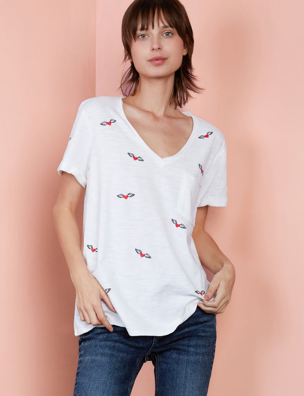 White Love Wings Embroidery Tee Front View