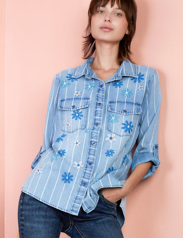 Denim Floral Embroidery Striped Shirt Front View