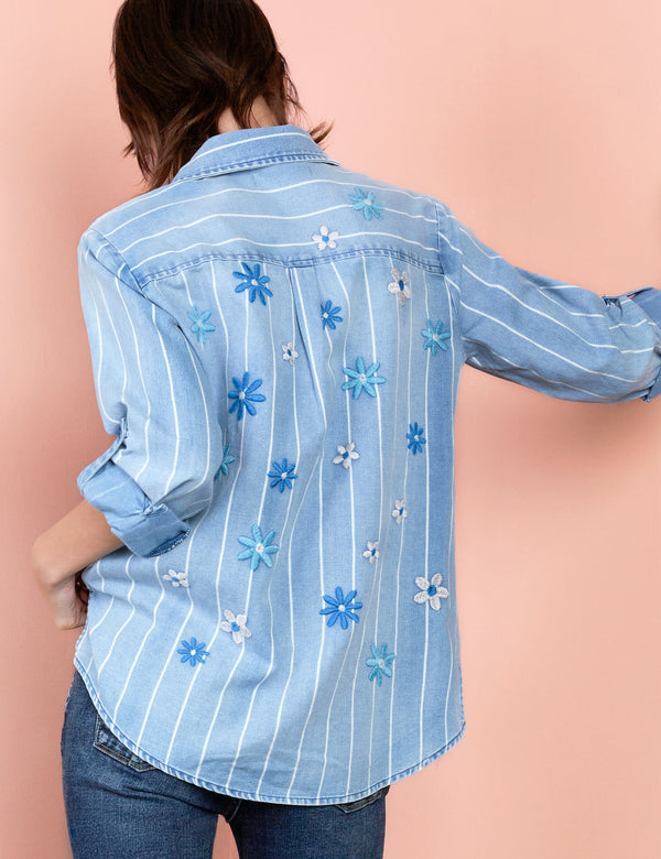 Denim Floral Embroidery Striped Shirt Back View