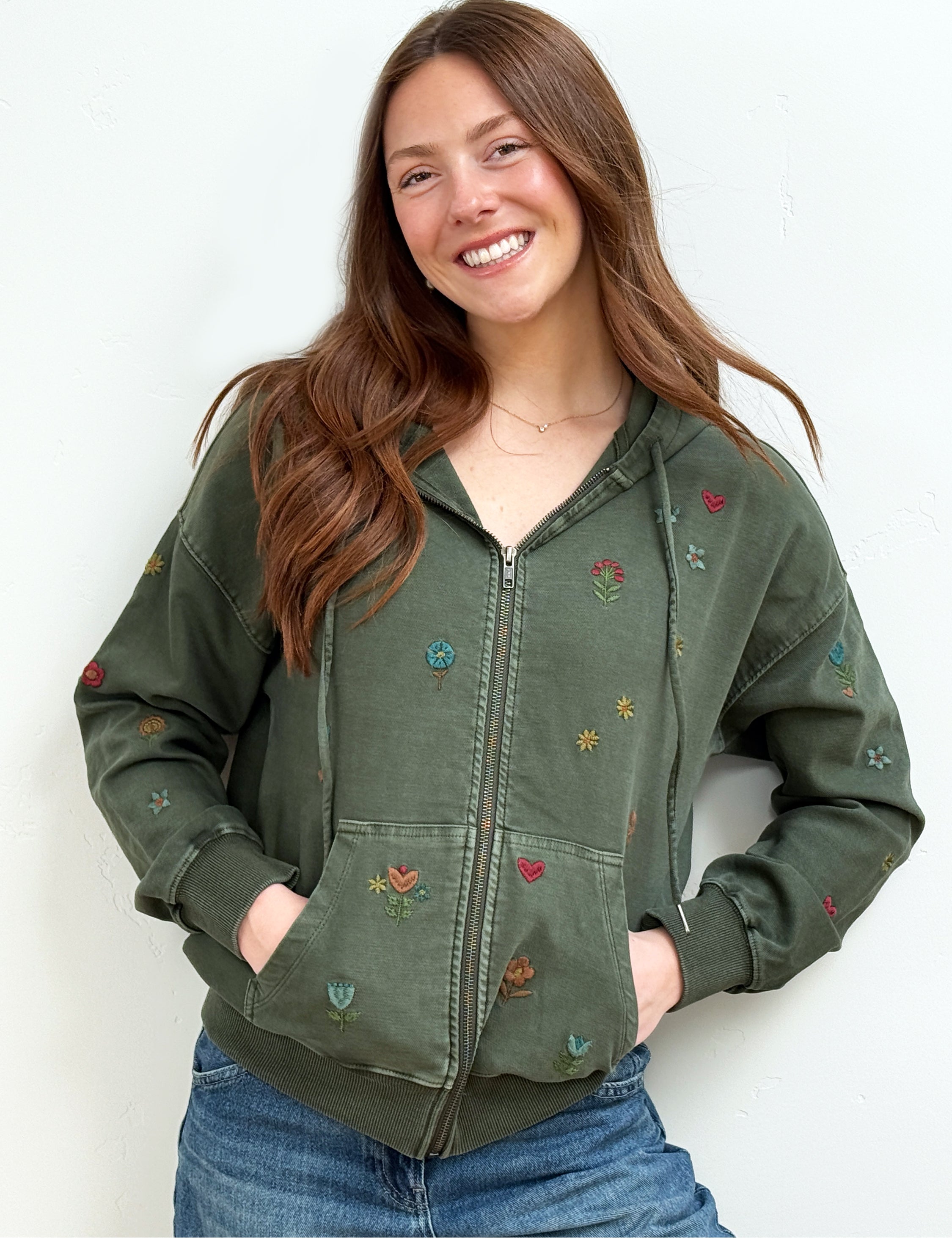 Women's Flower Patch Floral Embroidery Zip Hoodie – Billy T