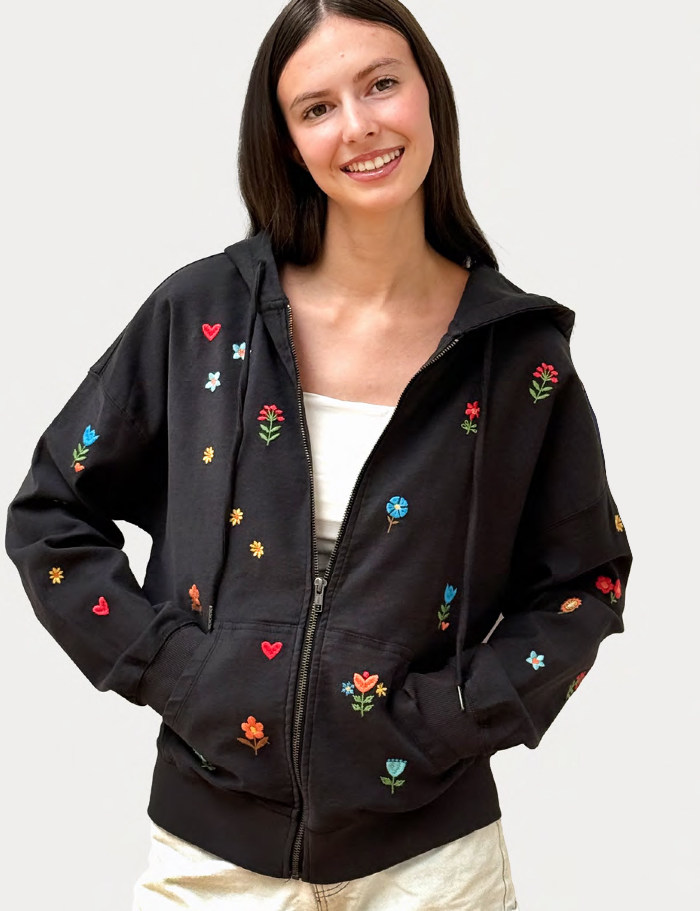 Flower Patch Floral Embroidery Zip Hoodie – Billy T – billytshop Flower Patch Floral Embroidery Zip Hoodie – Billy T – billytshop