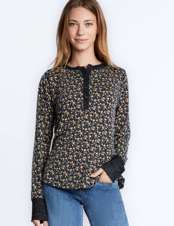 Ditsy Print Best Henley Long Sleeve Knit Tee Front View