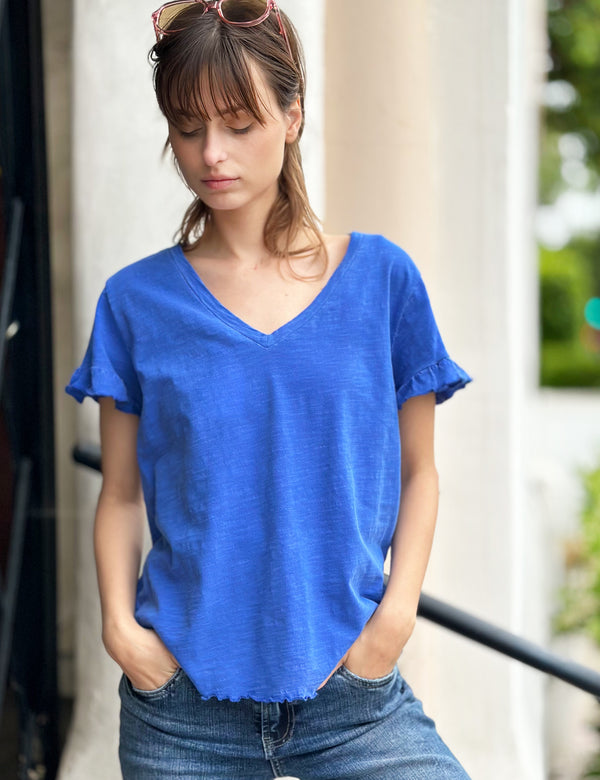 Women's Ruffle Sleeve V-Neck Tee in Sailor Blue Front View