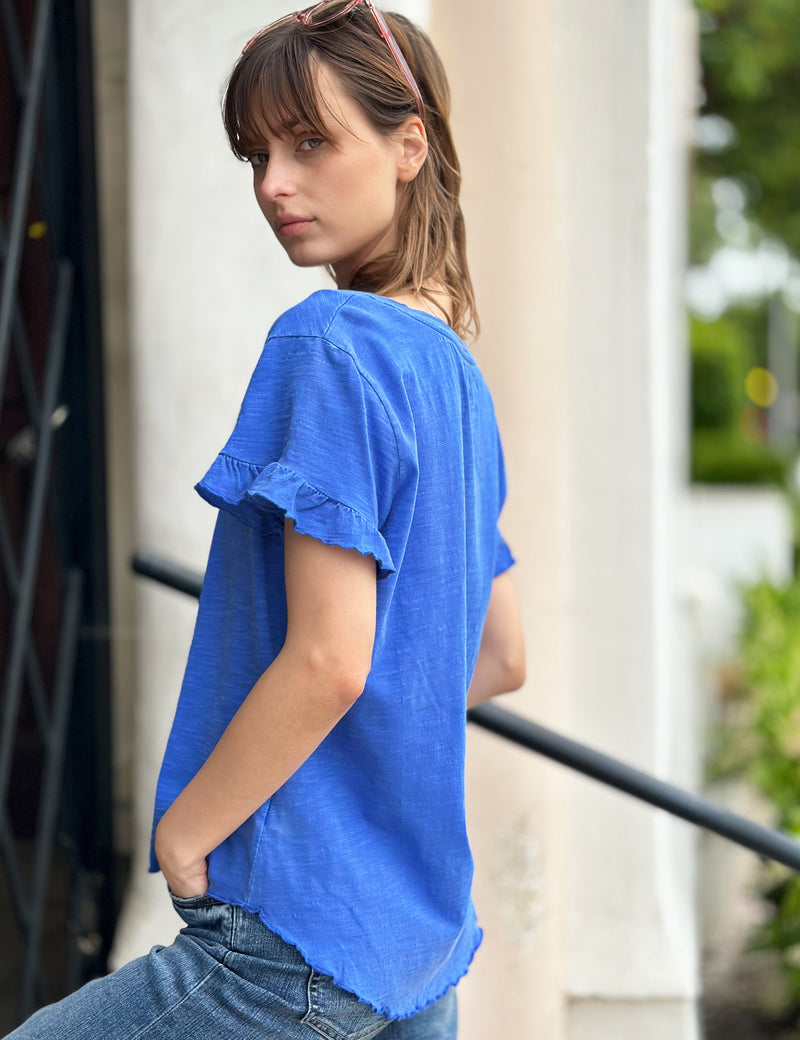 Women's Ruffle Sleeve V-Neck Tee in Sailor Blue Side View