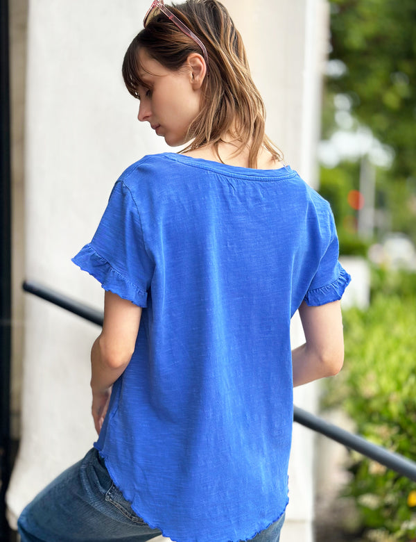 Women's Ruffle Sleeve V-Neck Tee in Sailor Blue Back View