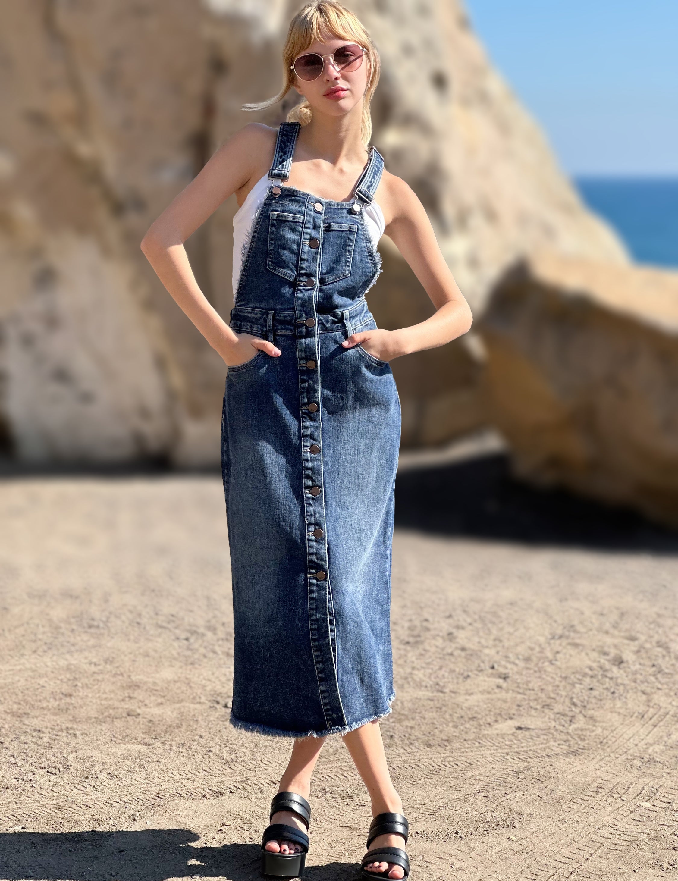Women’s Button Front Denim Jumper Dress – Wash Lab Camp Blue Dark / XS