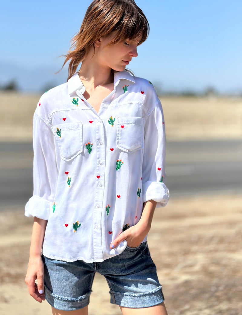Cactus Party Embroidery Button Up Shirt Front View