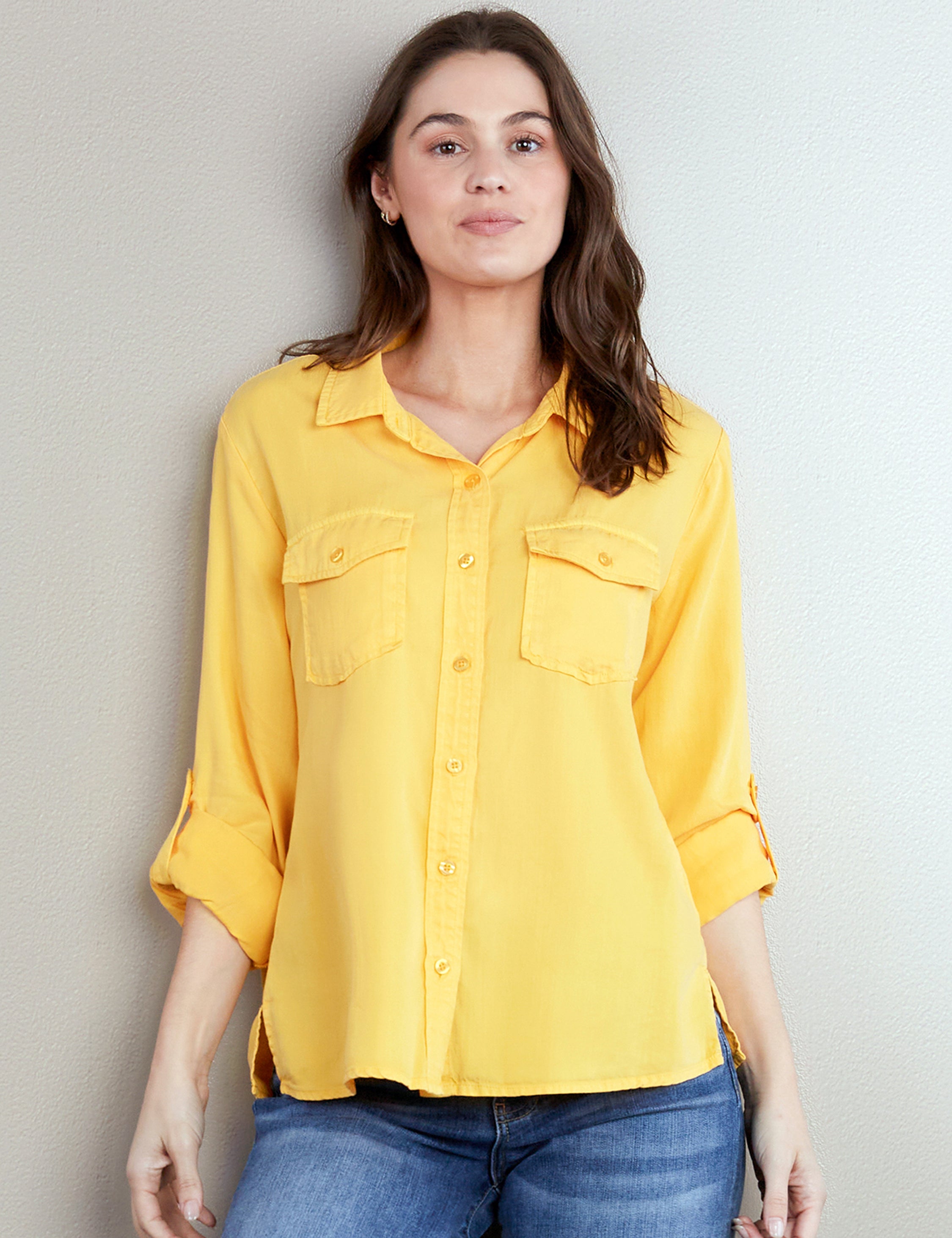 yellow dress shirt women's SUNNY Women's Yellow Linen Shirt Short Sleeve & Custom Fit