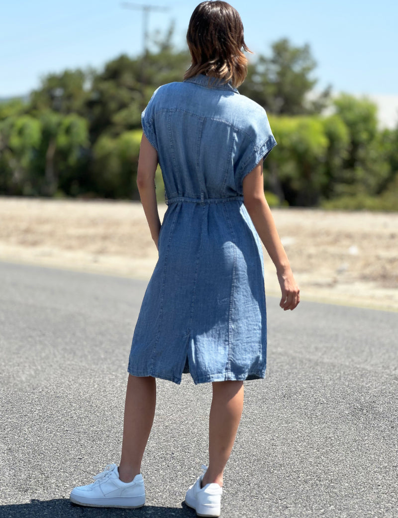Women's Dolman Sleeve Denim Cruising Shirtdress with Self Tie Back View