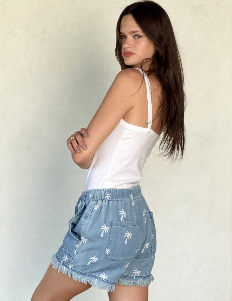 Women's Designer Chambray Soft Shorts with Palm Tree Print