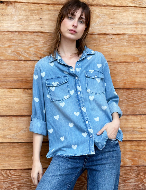 Denim Love Button Front Shirt with Heart Print Front View