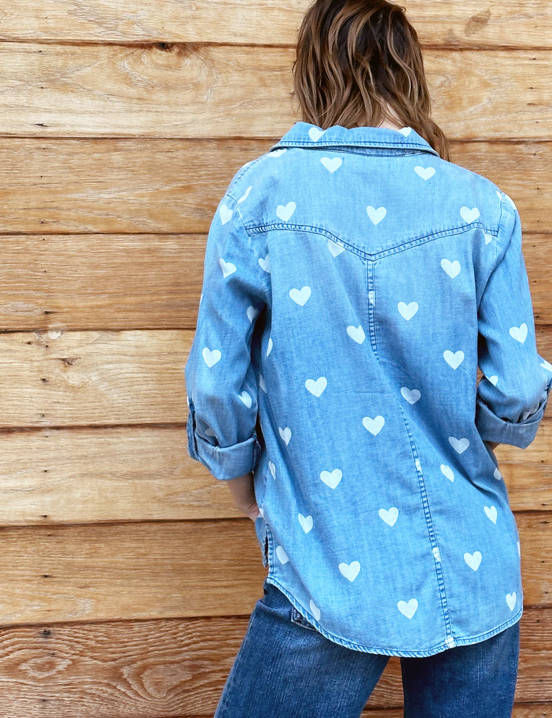 Denim Love Button Front Shirt with Heart Print Back View