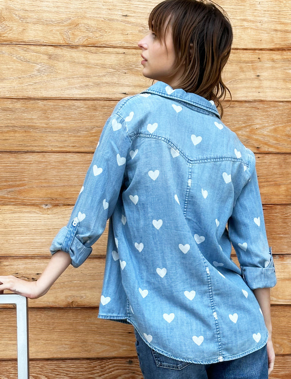Denim Love Button Front Shirt with Heart Print Back View