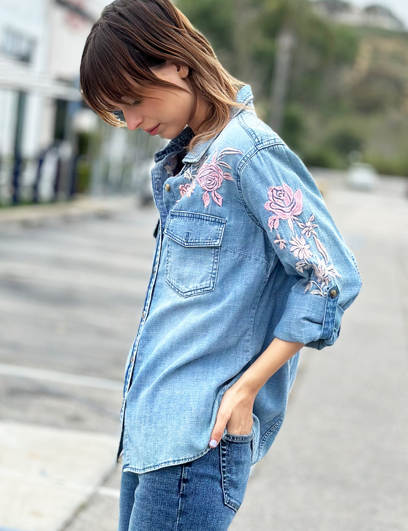 Denim Horizon Embroidery Button Up Shirt Side View