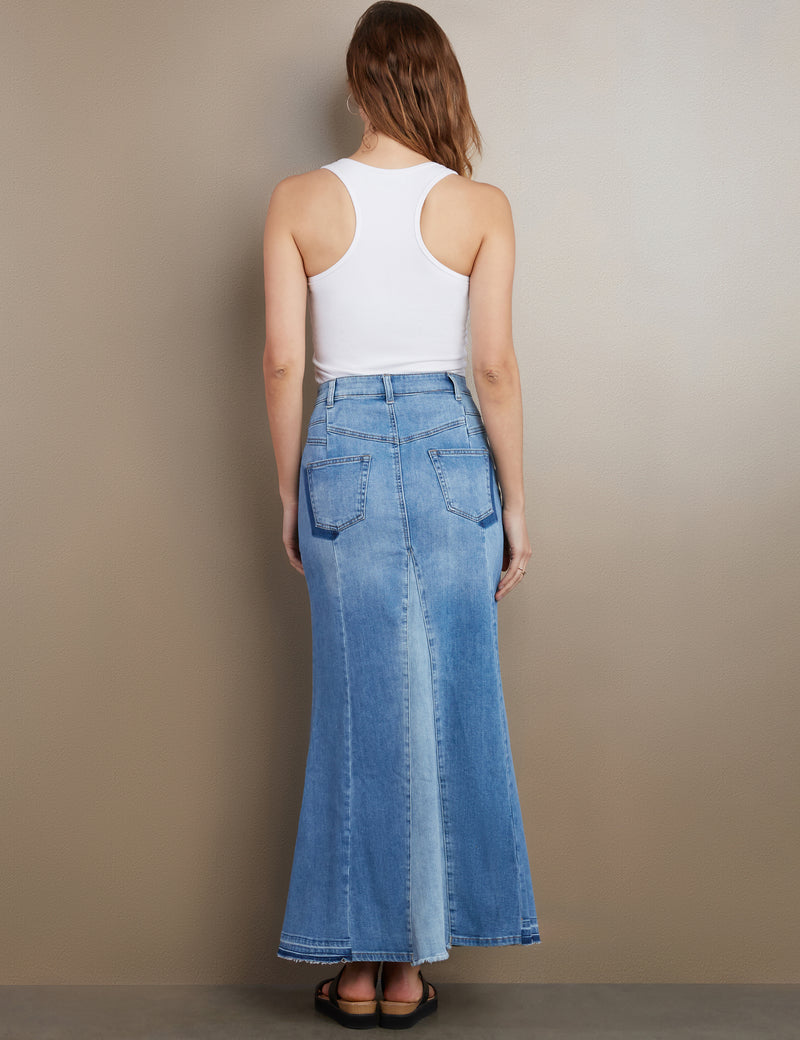 Flare Bliss Maxi Denim Skirt Spark Blue Back View