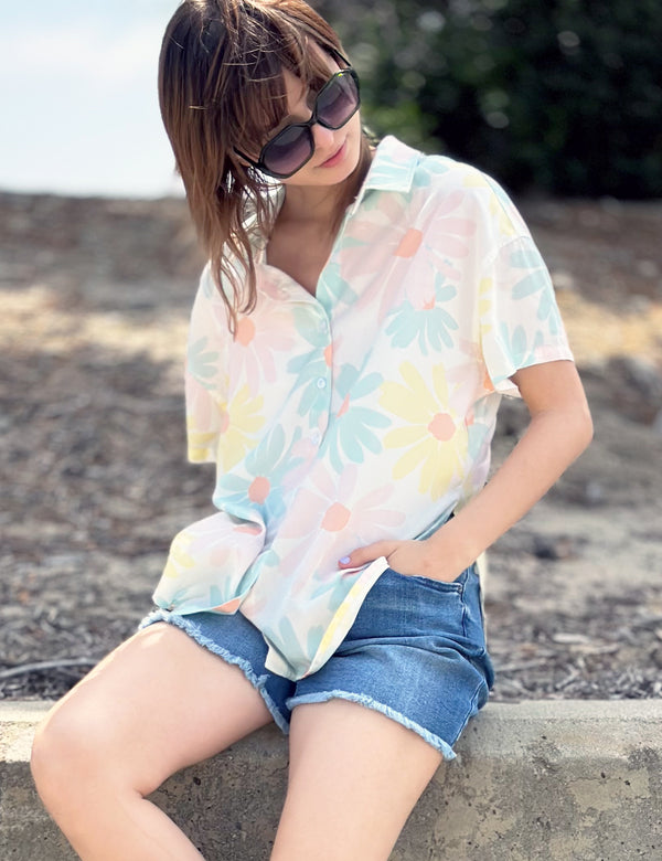 Happy Daisy Printed Short Sleeve Button Down Shirt Front View