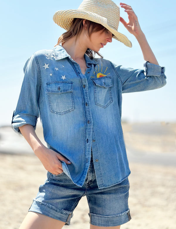 Hello Sunshine Embroidery Denim Button Up Shirt Front View