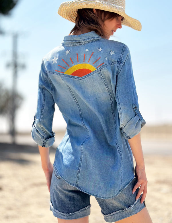 Hello Sunshine Embroidery Denim Button Up Shirt Back View