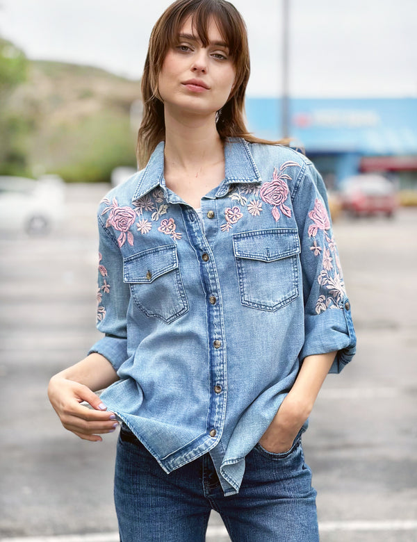 Denim Horizon Embroidery Button Up Shirt Front View
