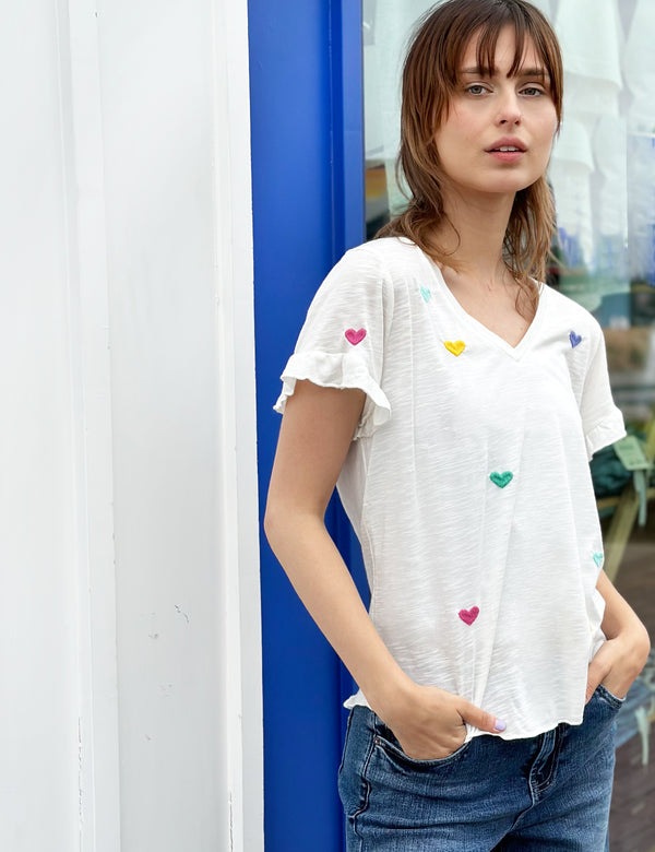 Colorful Heart Embroidery V-Neck Tee Front View