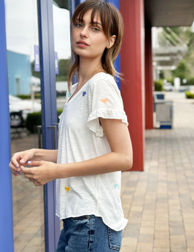 Colorful Heart Embroidery V-Neck Tee Side View