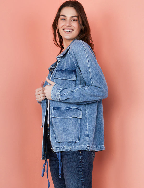 Women's Designer Cargo Pocket Knit Denim Jacket