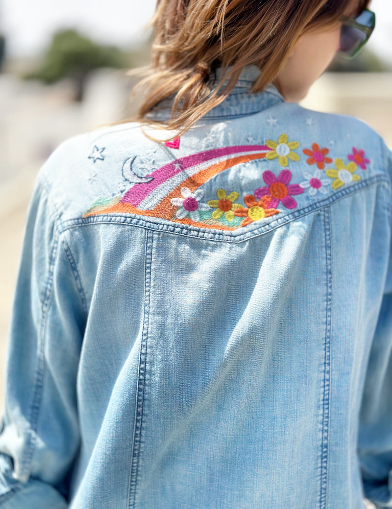 To The Moon and Back Embroidery Denim Shirt Back View Close Up
