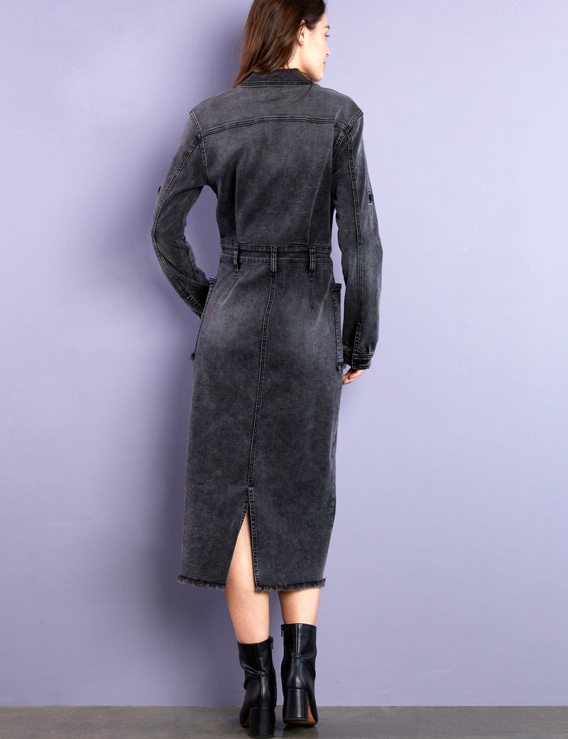 Women's Nora Midi Denim Shirtdress in Almost Black Back View