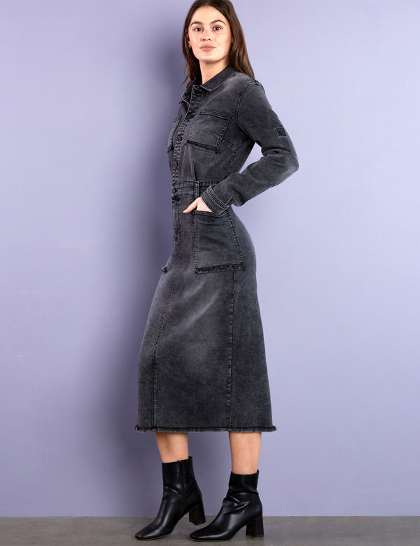 Women's Nora Midi Denim Shirtdress in Almost Black Front View