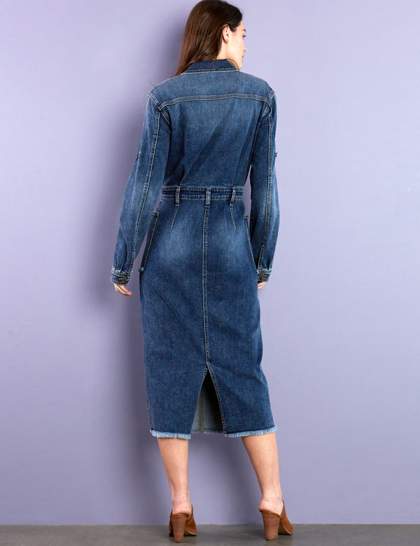 Women's Nora Midi Denim Shirtdress in Reborn Blue Back View