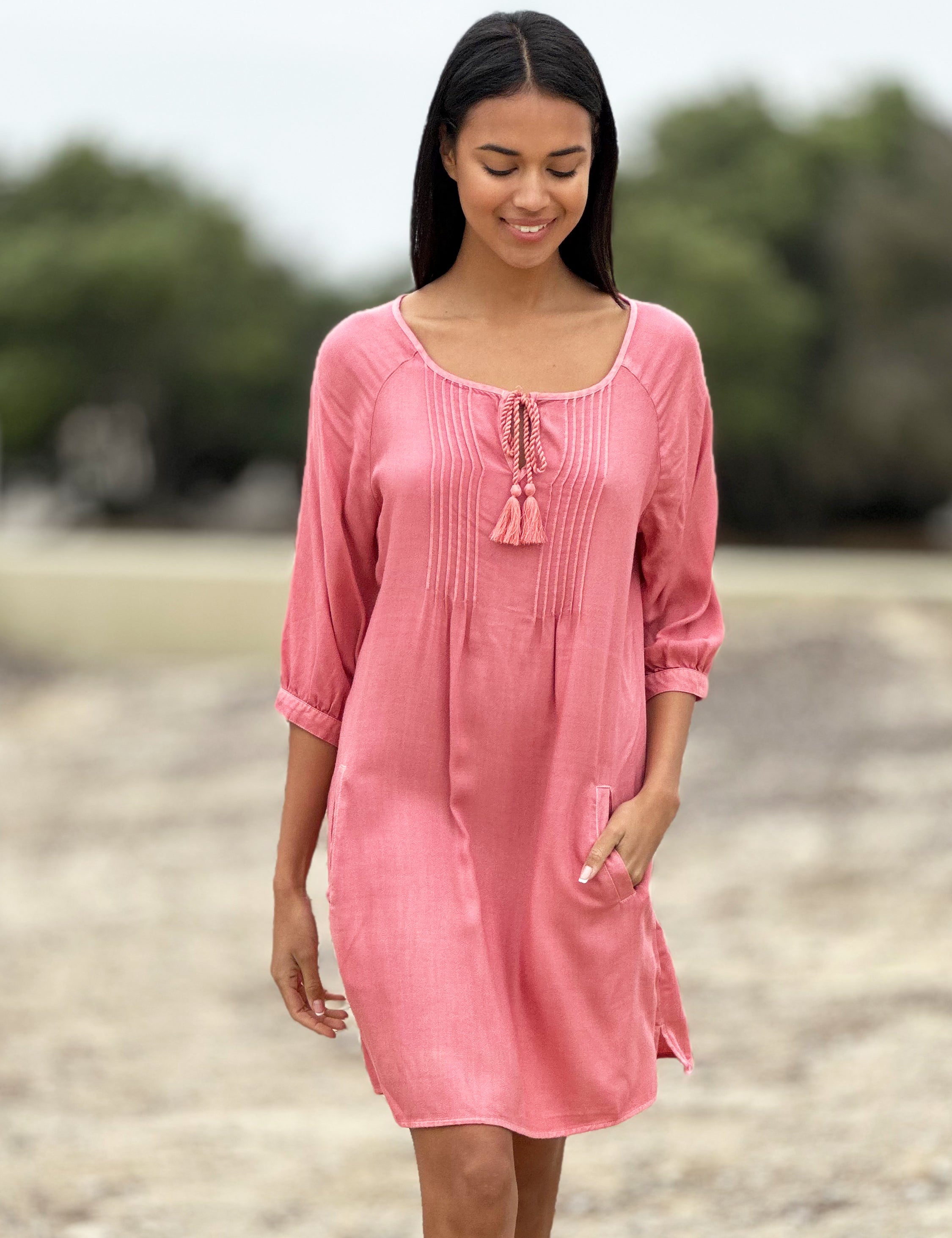 Womens Boho Style Peasant Dress with Tassels Billy T Melon / XS Womens Boho Style Peasant Dress with Tassels Billy T Melon / XS