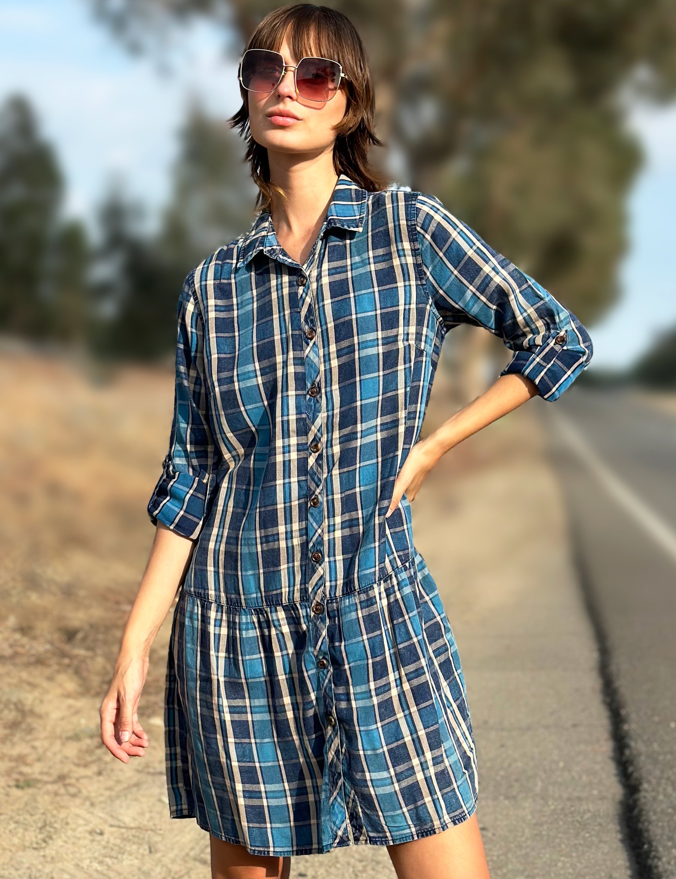 Womens Plaid Flannel Peplum Dress Billy T Blue Moon Plaid / S Womens Plaid Flannel Peplum Dress Billy T Blue Moon Plaid / S