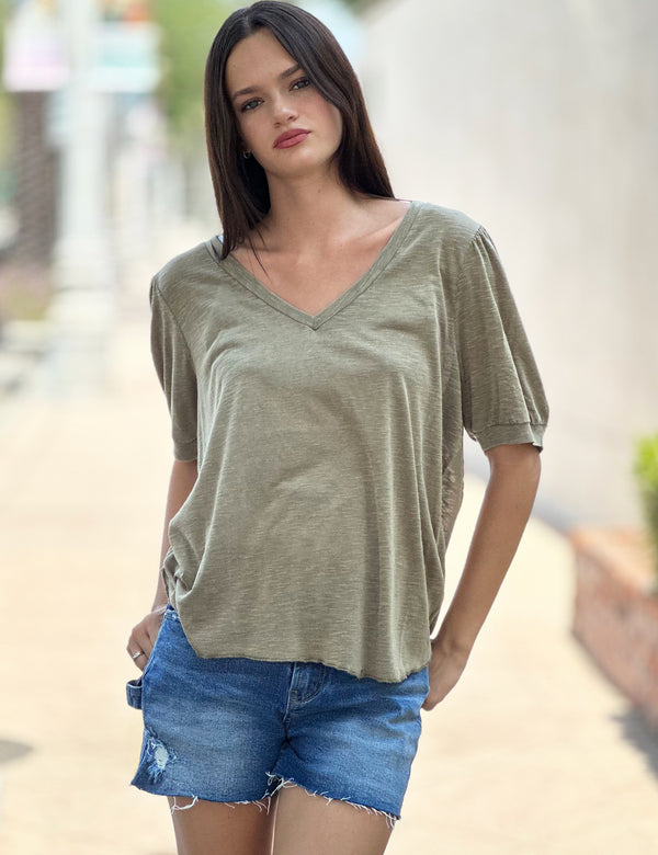 Puff Sleeve V-Neck Tee Latte Front View