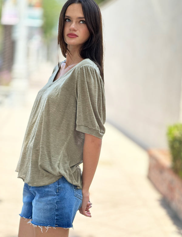 Puff Tee Sleeve V-Neck Latte Side View
