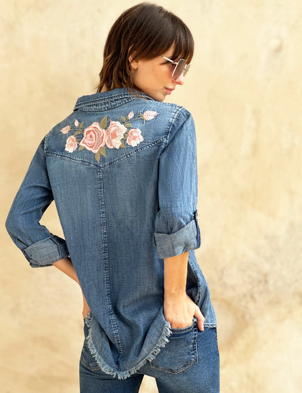 Rose Denim Embroidery Shirt Back View