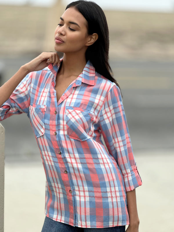 Ruby Plaid Button Front Shirt Side View
