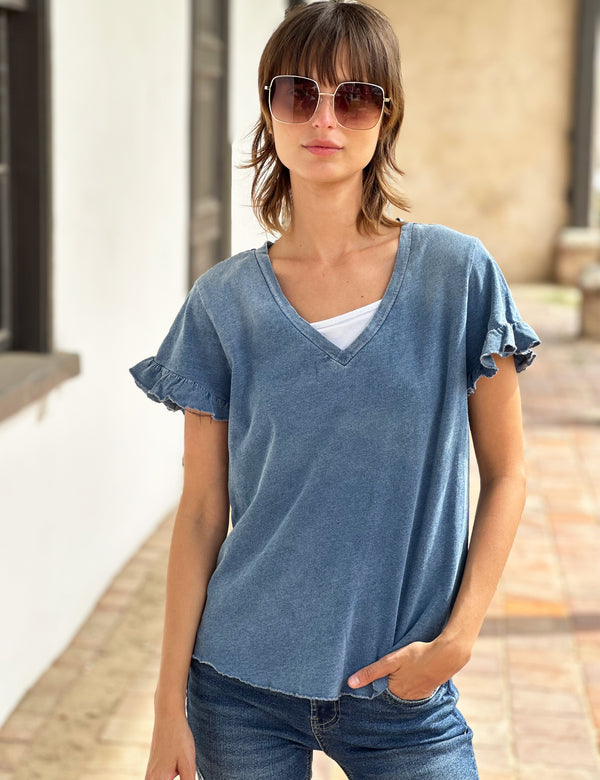 Ruffle Sleeve V-Neck Tee Denim Blue Front View